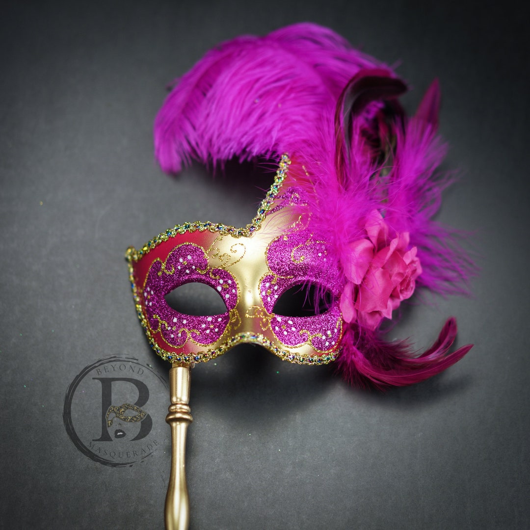 Hot Pink and Gold Masquerade Mask, Mardi Gras Mask, Mask With Handheld