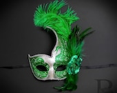 Green Silver Masquerade Mask with Intricate Glitter Swan Design and High Fashion Feathers Green Glitters