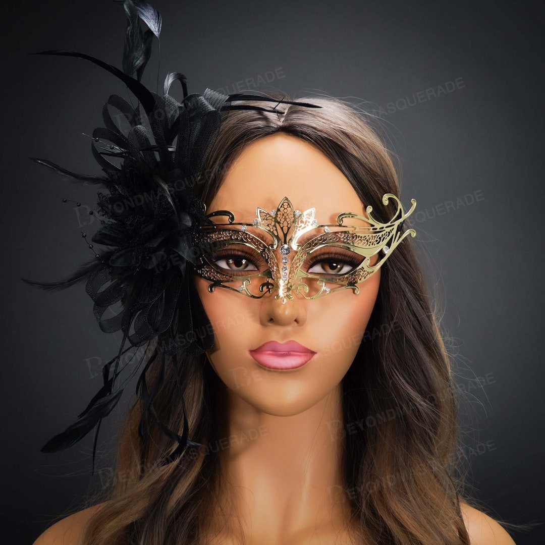 Exclusive Gold Masquerade Mask, Headdress Feather Masquerade Ball Masks, Masquerade Party Masks
