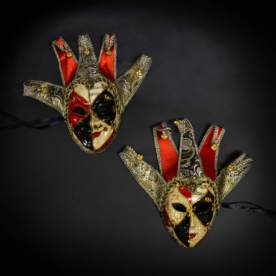 Couple's Masks: Jester Masks Venetian Mardi Gars Joker Masquerade Mask Gold  Black Red 