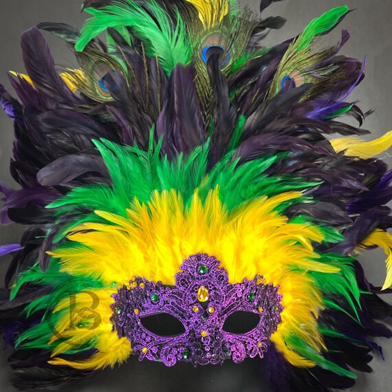 Venetian Carnival Large Feather Masquerade Mask Mardi Gras Yellow Purple Green