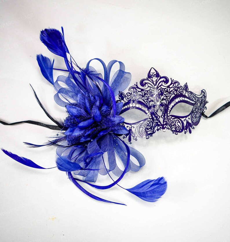 Feather Masquerade Mask Navy Blue Masquerade Mask Blue Face Etsy