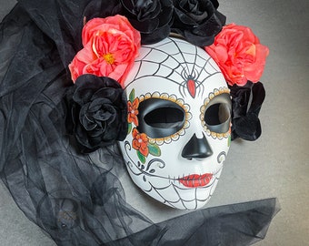 Roses Day of the Dead Mask with Veil, Dia de los Muertos Masks, Masquerade Mask for Halloween, Day of the Dead Skull Mask Roses Floral Mask