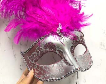 Masquerade Mask, Hot Pink Feathers, Masquerade Ball Mask, Masquerade Mask, Glitter Details, Feathers, Gems and Rhinestones - Silver Pink