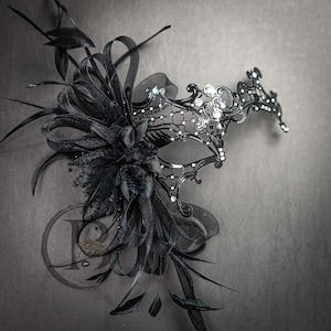 Black Goddess Phantom Filigree Metal Venetian Masquerade Mask with Handheld Stick - Soft Feather Adornments