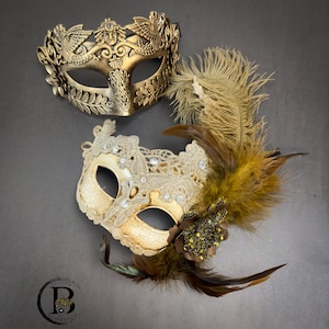 Gold Ivory Lace Feather Masquerade Mask for Couples, Mardi Gras Venetian Masquerade Ball Mask, Couples Masquerade Masks, His and Hers Mask