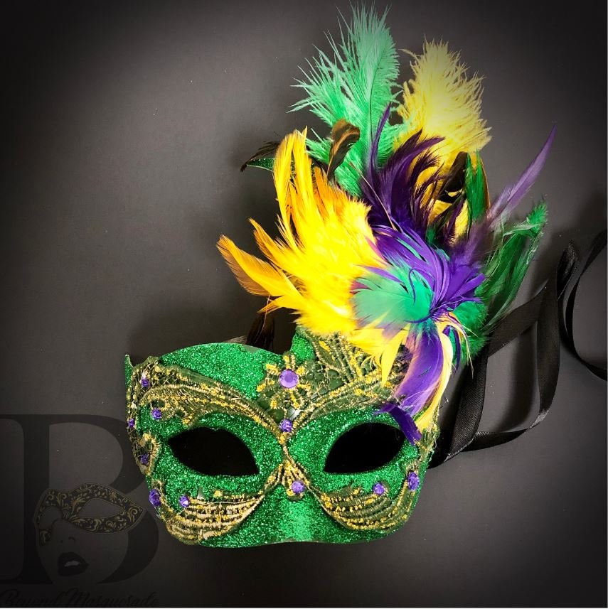 Gold Masquerade Marsi Gras Eye Mask W/ Rainbow Feathers Party Prom Carbival  Mask