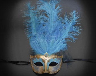 Masquerade Mask, Feather Masquerade Mask, Feather Masks, Mardi Gras Mask, Mardi Gras Masks, Masquerade Ball - Gold/Light Blue