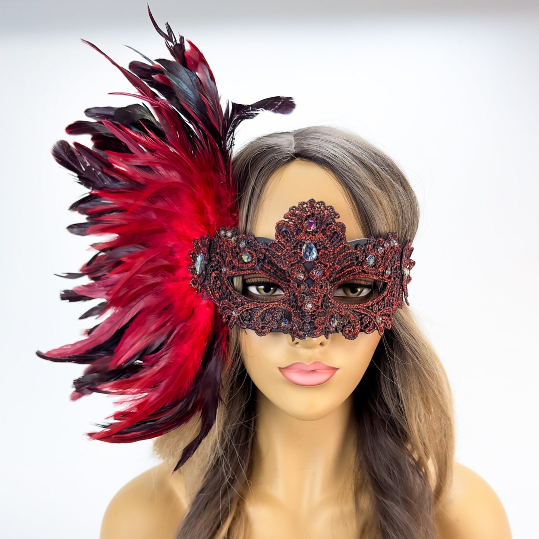 Red Masquerade Masks, Red Feather Mask, Masquerade Mask Halloween Party