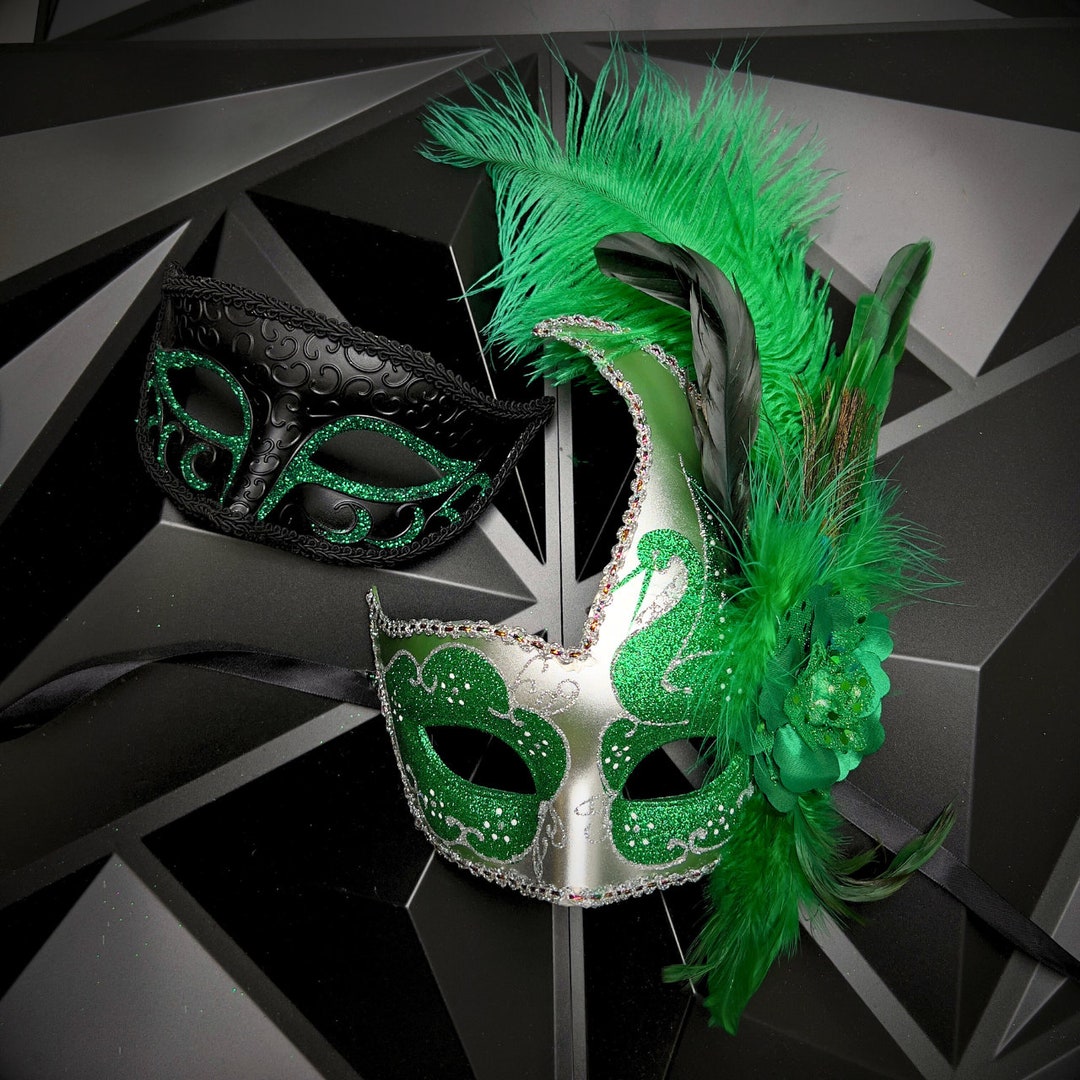 Green Couple's Masquerade Masks Black Silver Masquerade Mask, Green