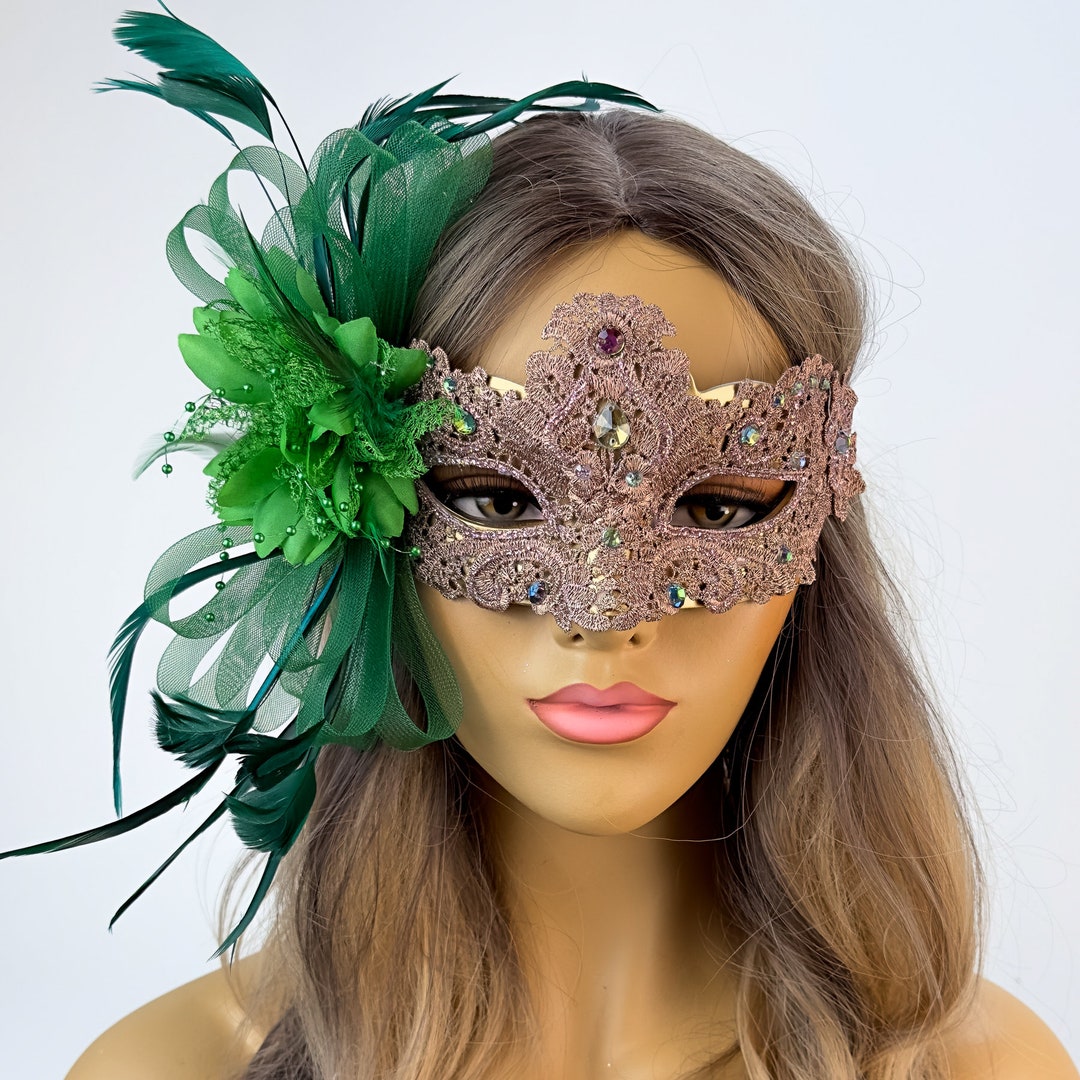 Luxe Green Salmon Pink Masquerade Masks Masquerade Mask Green Feathers
