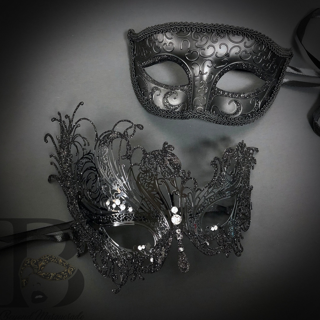 Máscara veneciana de pergamino negro plateado disfraz de baile para hombre  y mujer, Negro 
