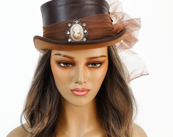 Chapeau steampunk marron Chapeau de fête marron thé victorien avec voile, chapeau de tea party, haut de forme marron, chapeau steampunk, style gothique steampunk