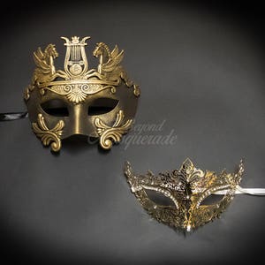 Gold Couples Masquerade Masks, His & Hers Masquerade Masks - Roman Mask and Laser Cut Masquerade Mask with Diamonds