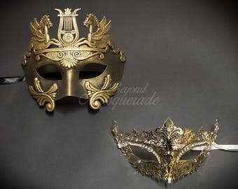 Gold Couples Masquerade Masks, His & Hers Masquerade Masks - Roman Mask and Laser Cut Masquerade Mask with Diamonds