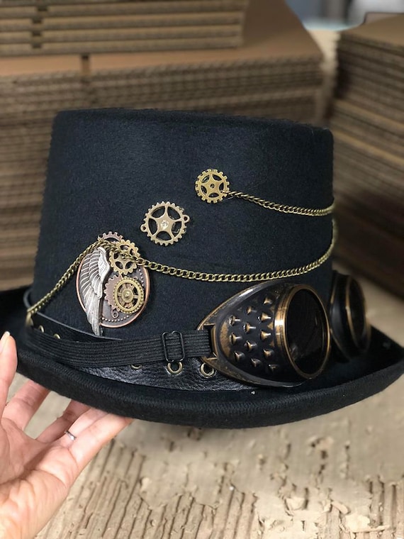 Cappello Steampunk Nero, cappello Steampunk con catene, catene d'oro,  catene d'oro per cappelli, occhiali Steampunk Gold, ingranaggi Steampunk, accessori  Steampunk -  Italia