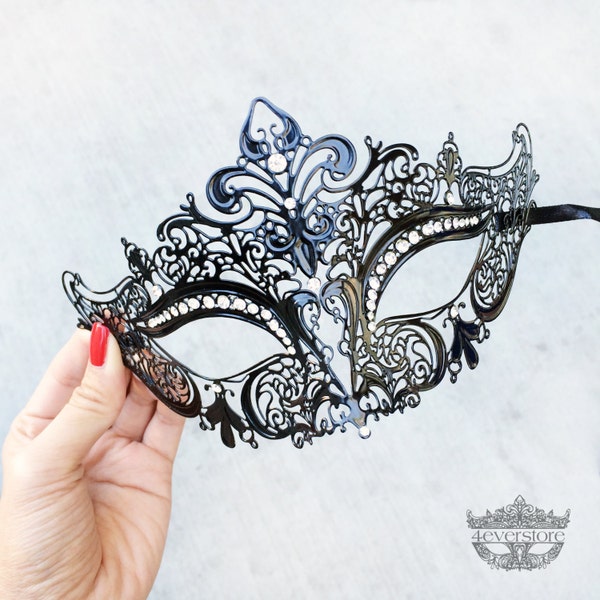 Luxury Black Laser Cut Venetian Mardi Gras Masquerade Mask with Sparkling Rhinestones - Made with Light Metal
