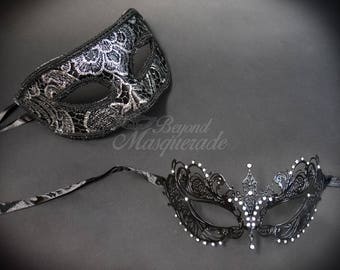 Black and Silver Couples Masquerade Mask, His & Hers Masquerade Mask, Filigree Metal Masquerade Mask, Mardi Gras Masks