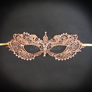 Masque dentelle or rose, strass, masque dentelle, nuances d'or rose, masque de mascarade dentelle, masque dentelle or rose, masque dentelle avec strass image 1