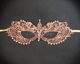 Rose Gold Lace Mask, RHINESTONES, lace mask, shades of Rose Gold, lace masquerade mask, Rose Gold Lace Mask, lace mask w/ Rhinestones