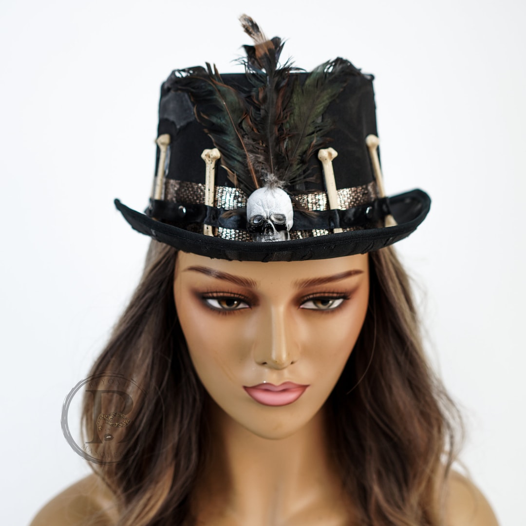 Black Voodoo Tall Hat Skeleton Skull Top Hat Skull Hat Tribal Detail