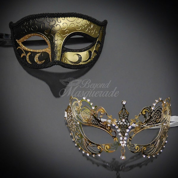 Black Gold Couples Masquerade Mask, His & Hers Masquerade Mask, Filigree Metal Masquerade Mask, Mardi Gras Masks