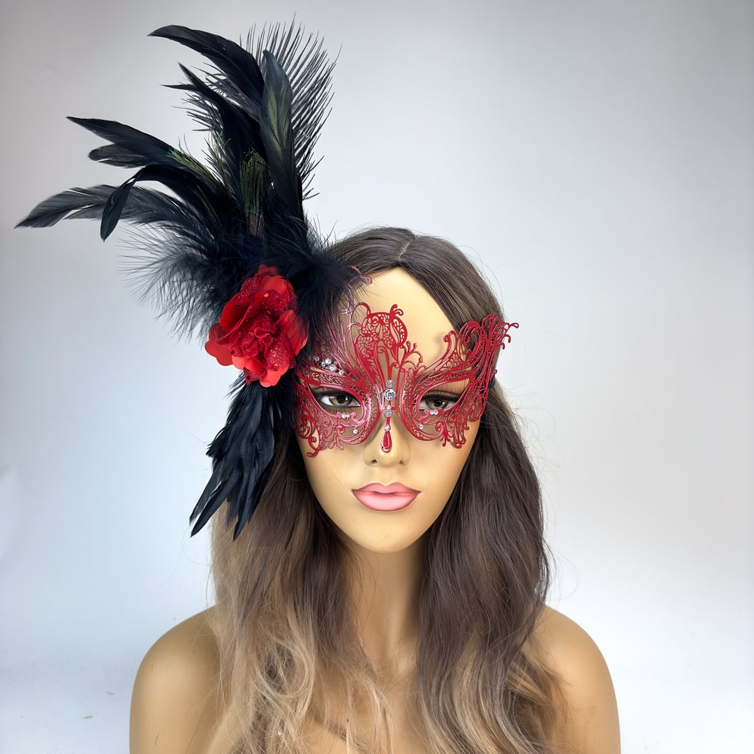 Red Black Feather Masquerade Mask for Women, Lace Mask, Metal Masquerade Mask, Mardi Gras Masks