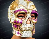 Halloween Mask, Skull Masquerade Mask Men, Full Head Mask, Skull Masquerade Mask, Purple and Gold Skull Face Masks, Cosplay Steampunk Masks