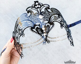 Masquerade Mask, Black Masquerade Mask,  Masquerade Ball Mask, Venetian Mask w Exquisite Rhinestones and Layered Jewelry [Clear Rhinestones]