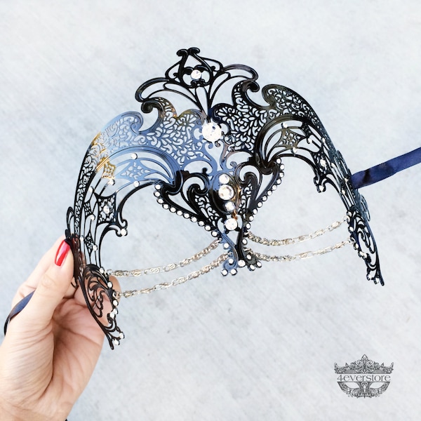 Masquerade Mask, Black Masquerade Mask,  Masquerade Ball Mask, Venetian Mask w Exquisite Rhinestones and Layered Jewelry [Clear Rhinestones]