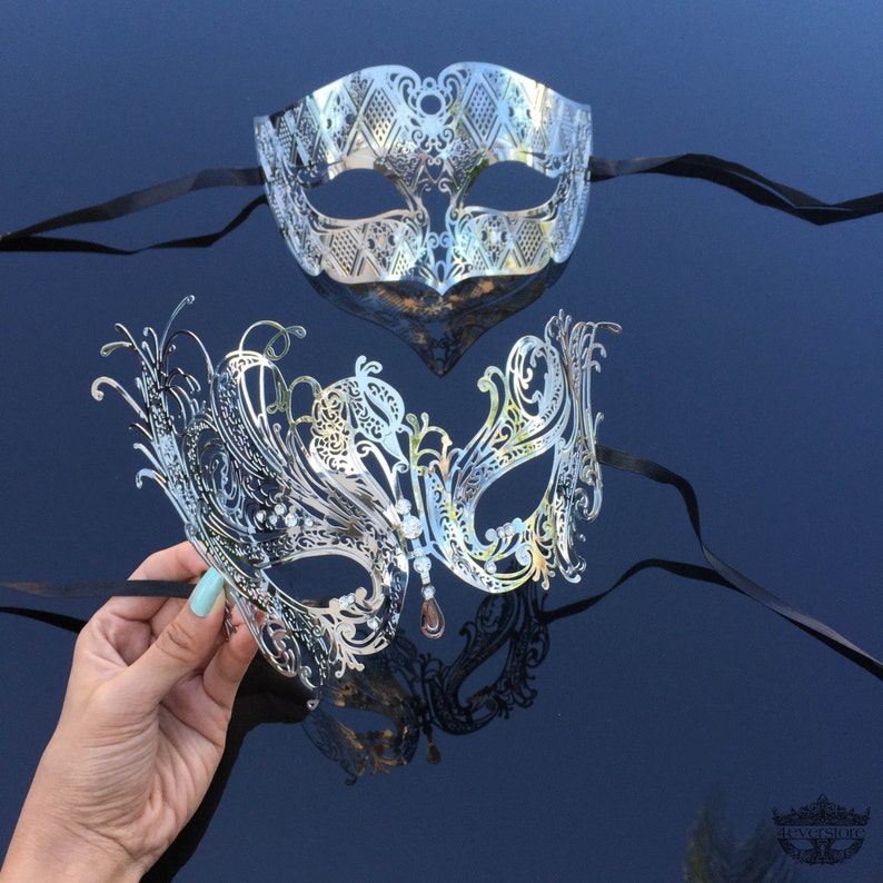 His & Hers Couples Masquerade Mask, Silver Filigree Metal Masquerade Masks for Couples, Masquerade Ball Mask, Halloween Costume Mask image 1