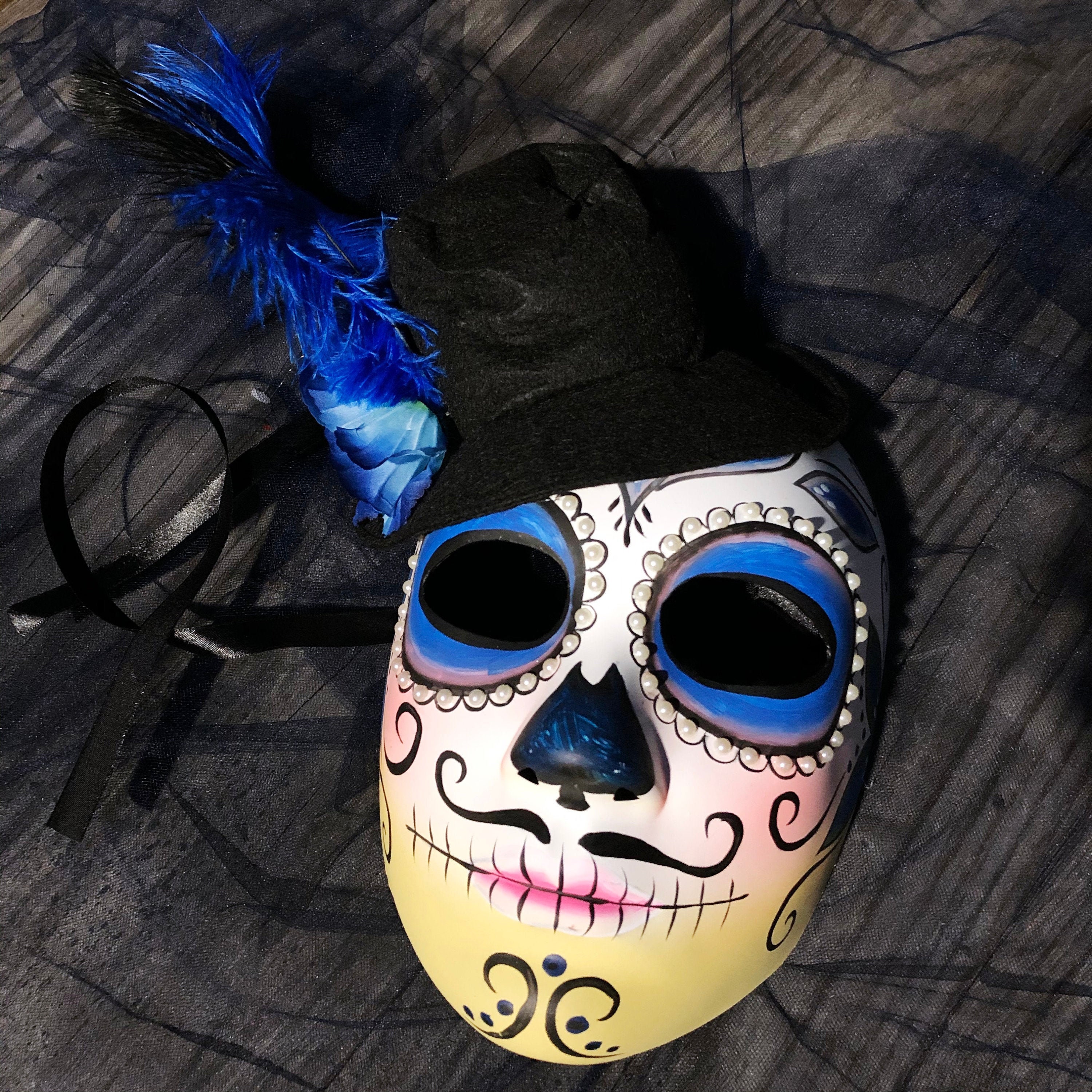 Day of The Dead Costume Mask Haute Couture Full Face Dia de Los Muertos Masquerade Mask Gold Black by