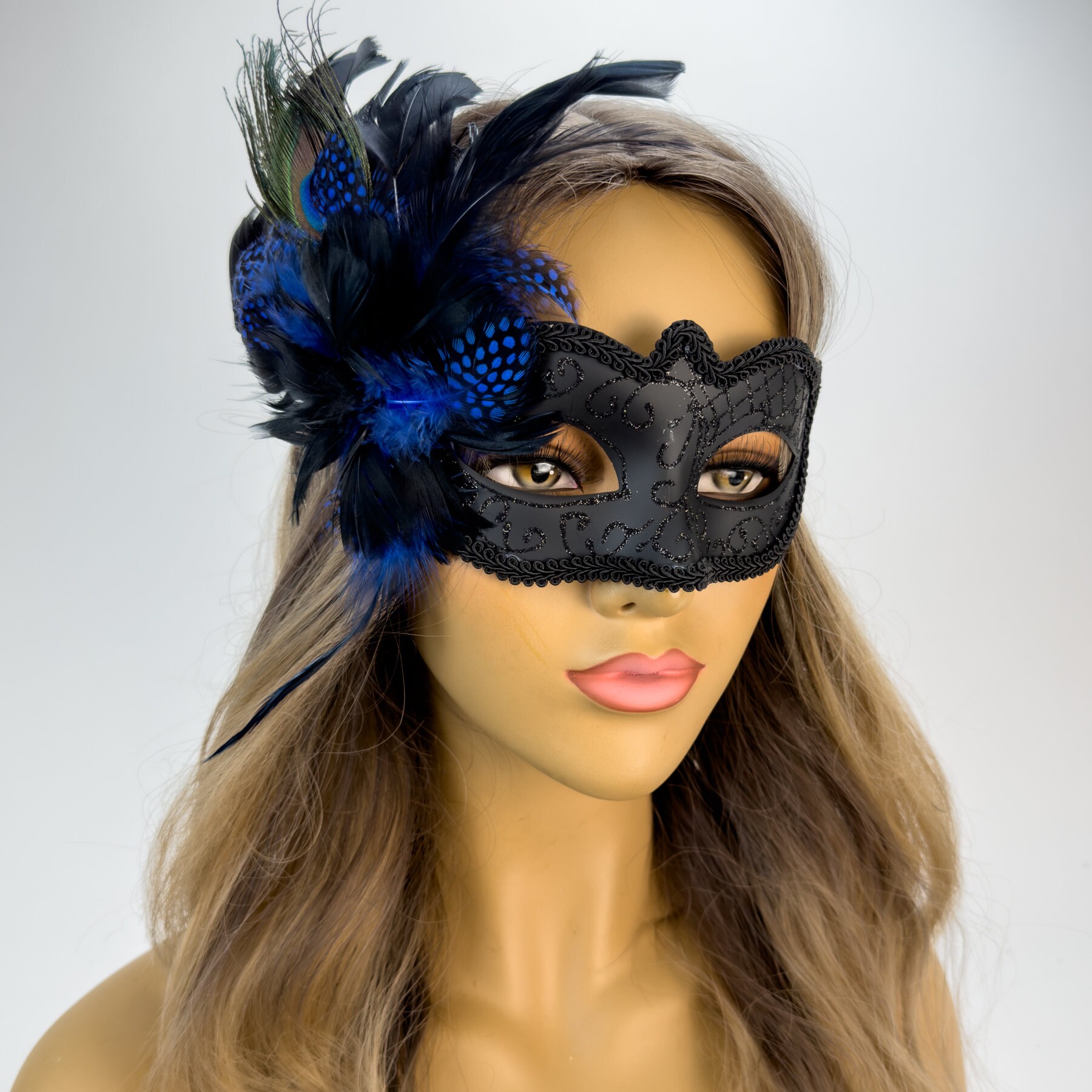 Black Metal Masquerade Mask Feathers M7139BF