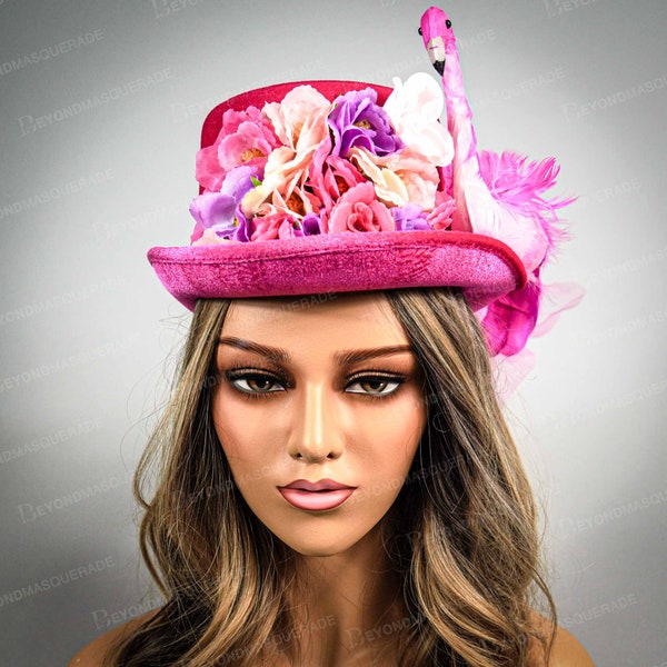 Chapeaux Derby pour femmes, chapeau fascinateur, chapeau derby rose, chapeau flamant rose, chapeau haut de forme rose, chapeau rose, coiffures de fête de thé Derby de fleurs
