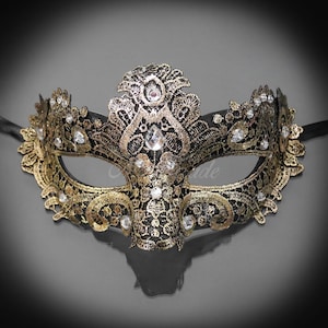 Gold/Black Lace Mask, Lace Masquerade Mask, Mask w/ Exquisite Clear Rhinestones, Lace Masquerade Mask