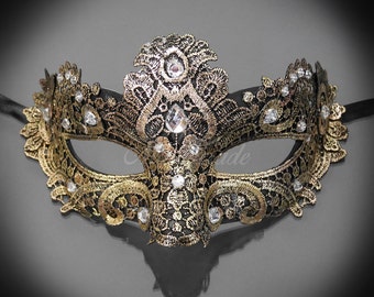 Gold/Black Lace Mask, Lace Masquerade Mask, Mask w/ Exquisite Clear Rhinestones, Lace Masquerade Mask