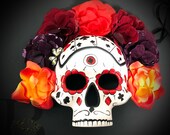 New Day of the Dead Wedding Mask, Masquerade Mask Venetian Carnival Masquerade Mask, Day of the Dead Bride Orange Red Florals Playing Cards