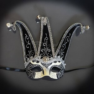 Mens Masquerade Mask, Jester Mask, Masquerade Mask, Mardi Gras Mask, Venetian Mask w/ Silk Floral Embroidery and Bells [Black/Silver]