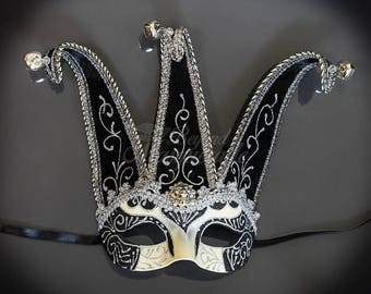 Mens Masquerade Mask, Jester Mask, Masquerade Mask, Mardi Gras Mask, Venetian Mask w/ Silk Floral Embroidery and Bells [Black/Silver]