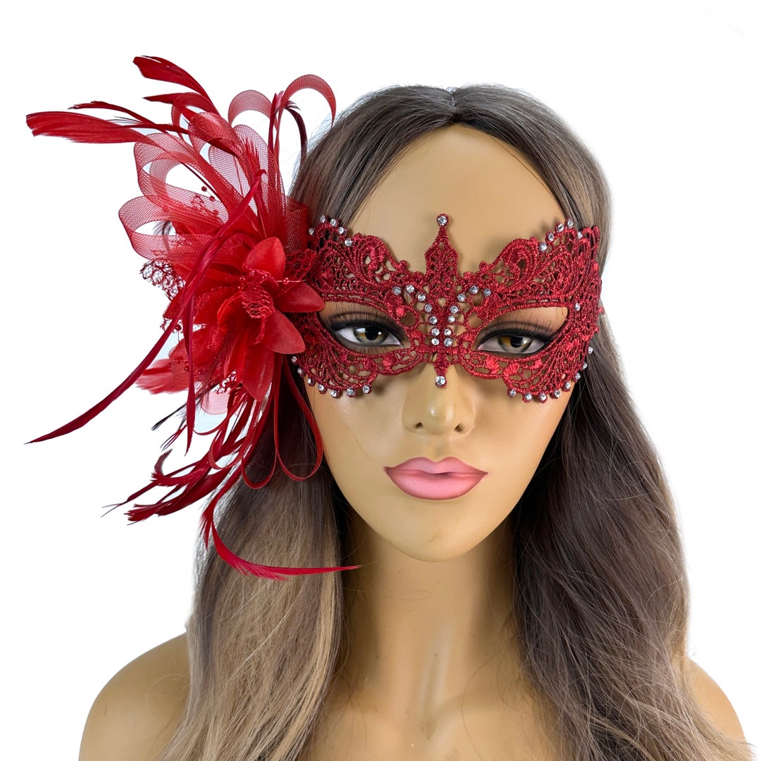 Royal Red Feather Masquerade Mask Women, Lace Mask, Lace Masquerade