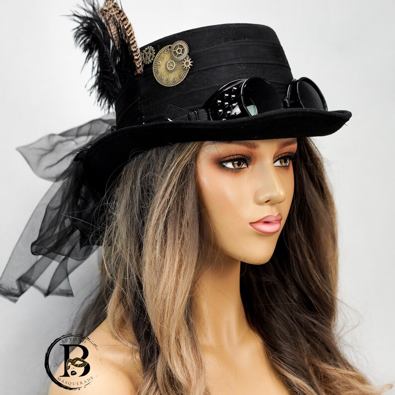 Chapeau haut de forme steampunk noir avec lunettes, chapeau avec voile, engrenages steampunk, accessoires steampunk, costume d'Halloween steampunk image 6