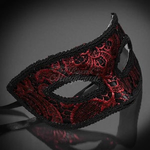 Men's black mask, red macrame lace, red and black, masquerade mask, masquerade ball mask, mens mask, men mask, black mask for men, unisex