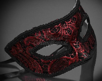 Men's black mask, red macrame lace, red and black, masquerade mask, masquerade ball mask, mens mask, men mask, black mask for men, unisex