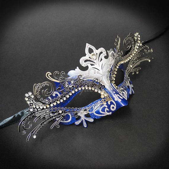 Blue Gold Metal Clear Rhinestone Princess Costume Party Mask