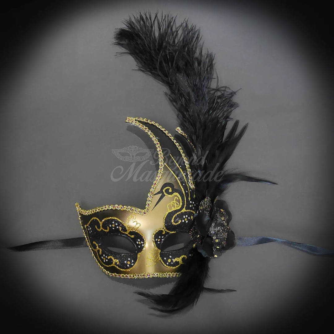 Womens Gold and Black Venetian Masquerade Mask With Feathers, Flowers ...