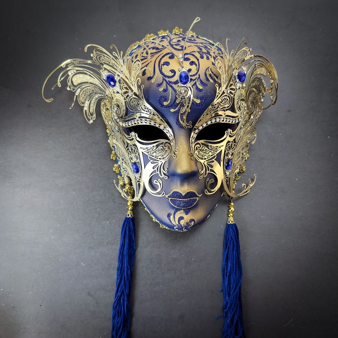 Blue Gold Masquerade Mask, Luxury Butterfly Wings Tassel, Masquerade