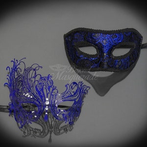 Handheld Stick Venetian Masquerade Mask for Women Silver Royal Blue M6150