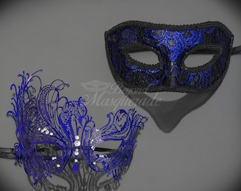 His & Hers Masquerade Mask Set, Royal Blue Masquerade Masks Couple, Metal Mask Women, Lace Mask Men