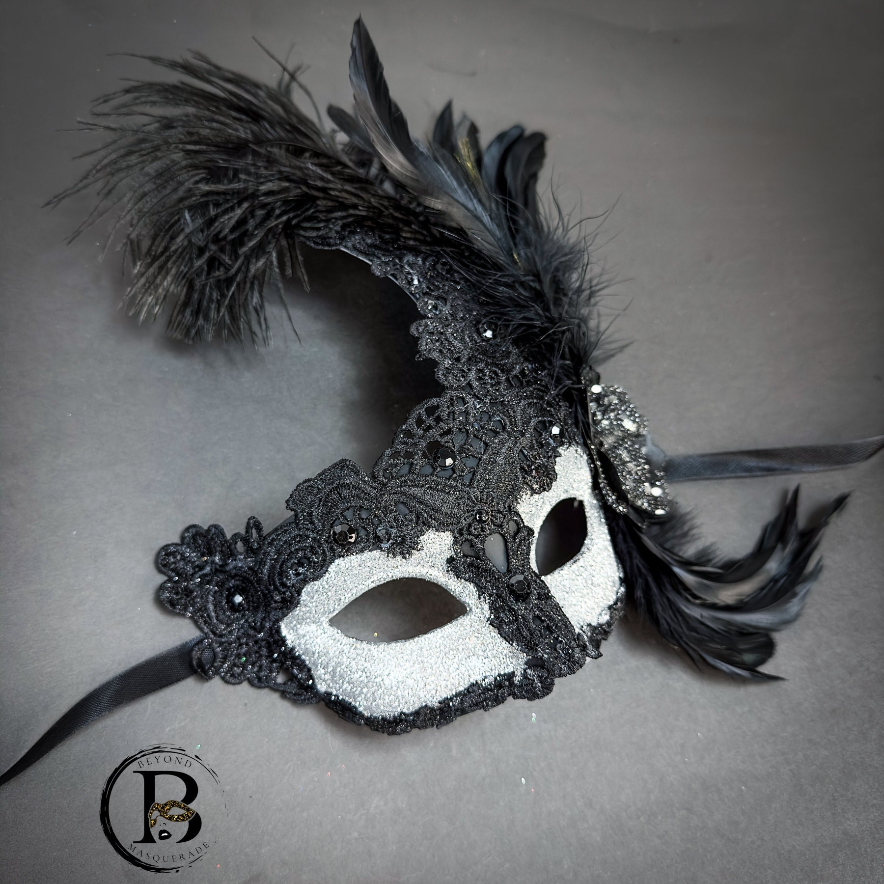 Lace Masquerade Mask with Luxury Feathers Black by Beyond Masquerade