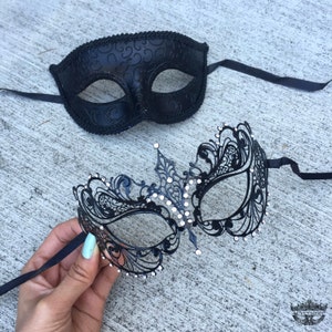 New Dream Angel Masquerade Couples Mask Set - His & Hers Mask Bestselling Men's Half Mask w/ Lady's Laser Cut Mask FULL BLACK SET